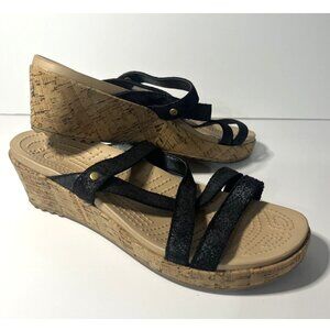 Crocs A-Leigh Cork Wedge Sandal Women's Size 9 Strappy Black Leather Summer Shoe